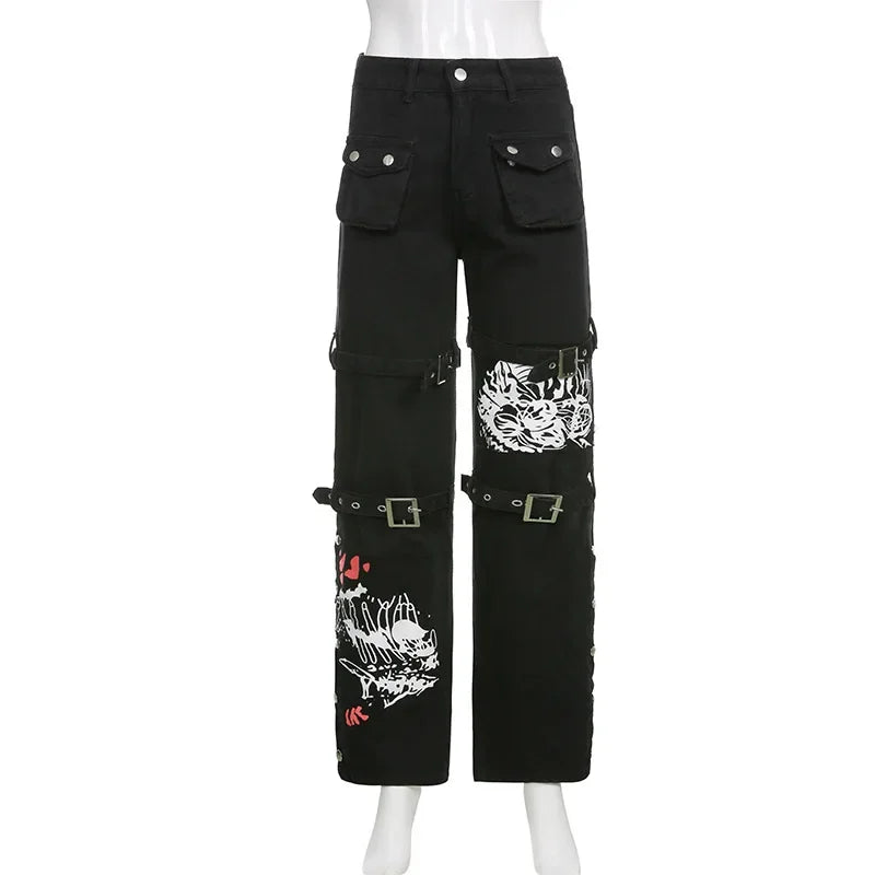 Jean Cargo Cyberpunk Noir & Rouge Volcan