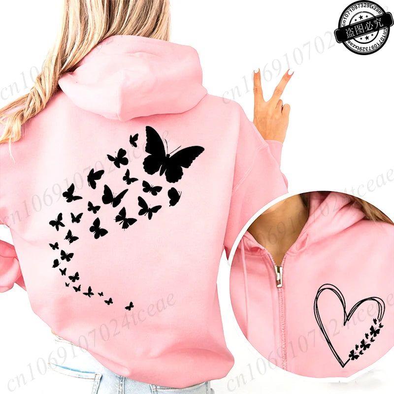 Pull à capuche rose, fermeture éclair ,imprimé papillon et cœur