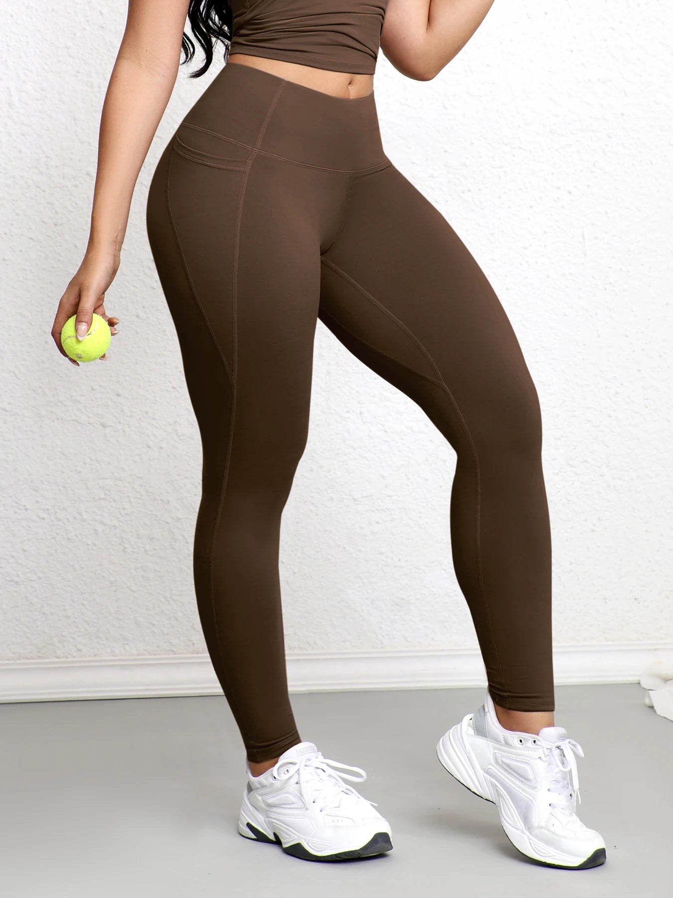 Leggings avec Double poches, couleur unie, taille haute