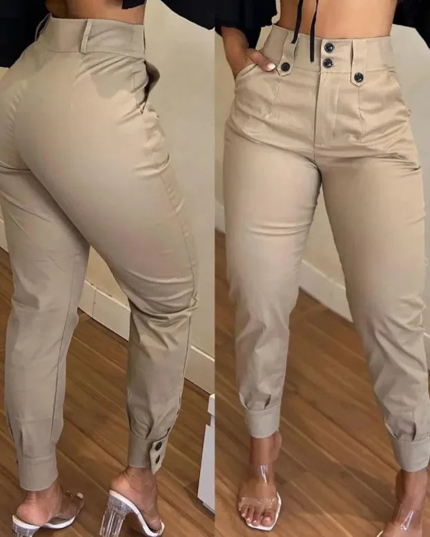 Capris-Pantalon cargo épissé pour femme, poches, monochromatique, taille haute, fermeture éclair, mouche, maigre, décontracté, bouton, crayon, longueur rinçage, 2024