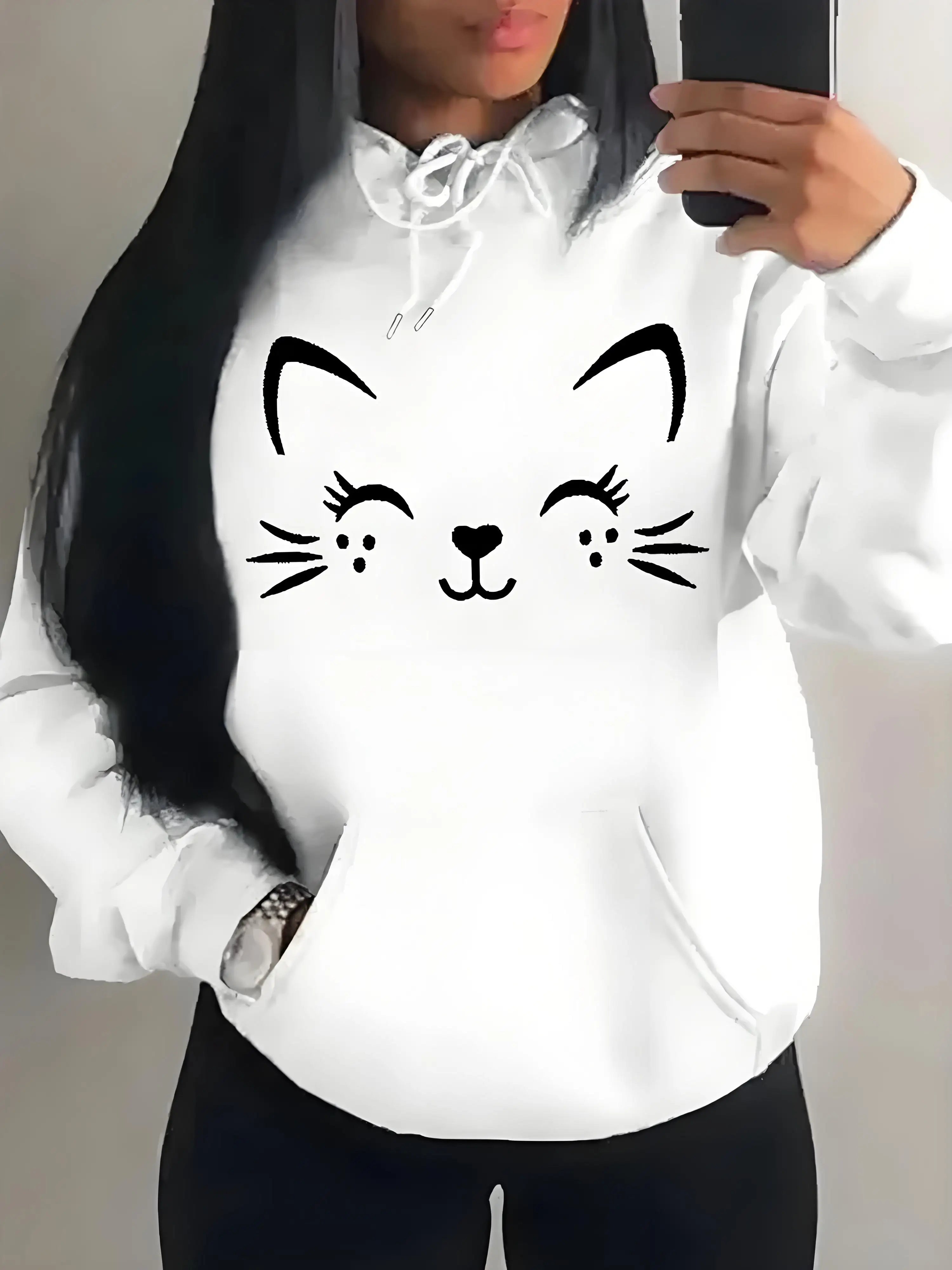 Sweat à capuche en peluche, motif chat heureux