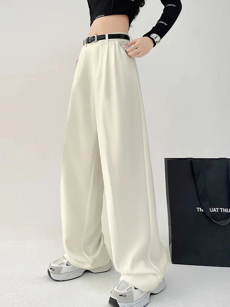 Pantalon de bureau, jambes larges, taille haute, avec ceinture