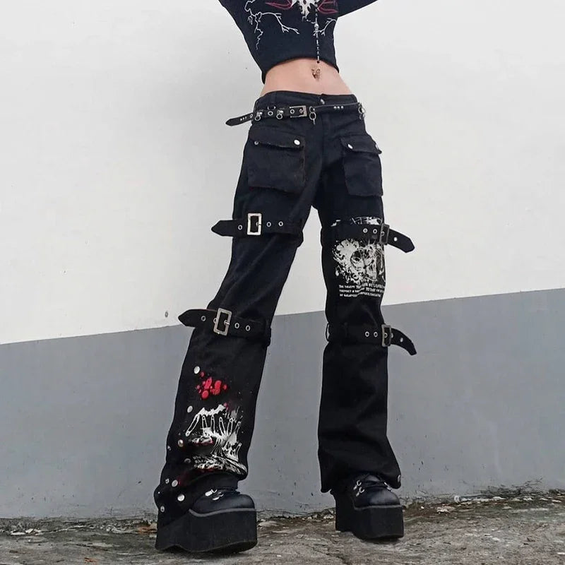 Jean Cargo Cyberpunk Noir & Rouge Volcan