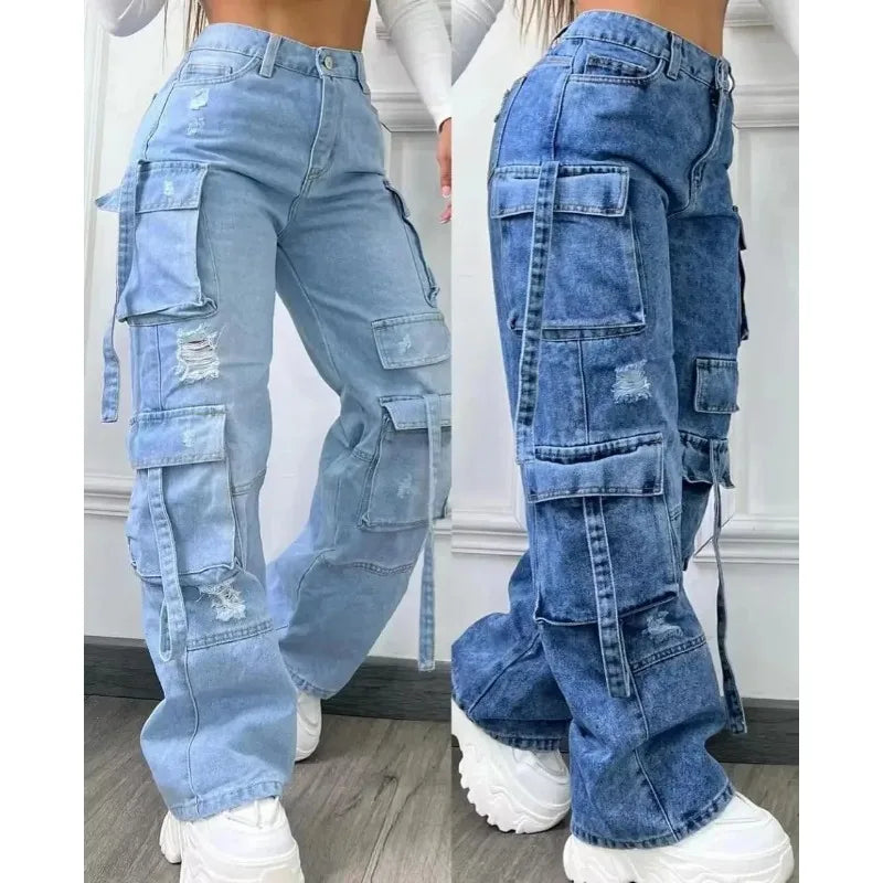 Jean cargo multipoches, taille haute