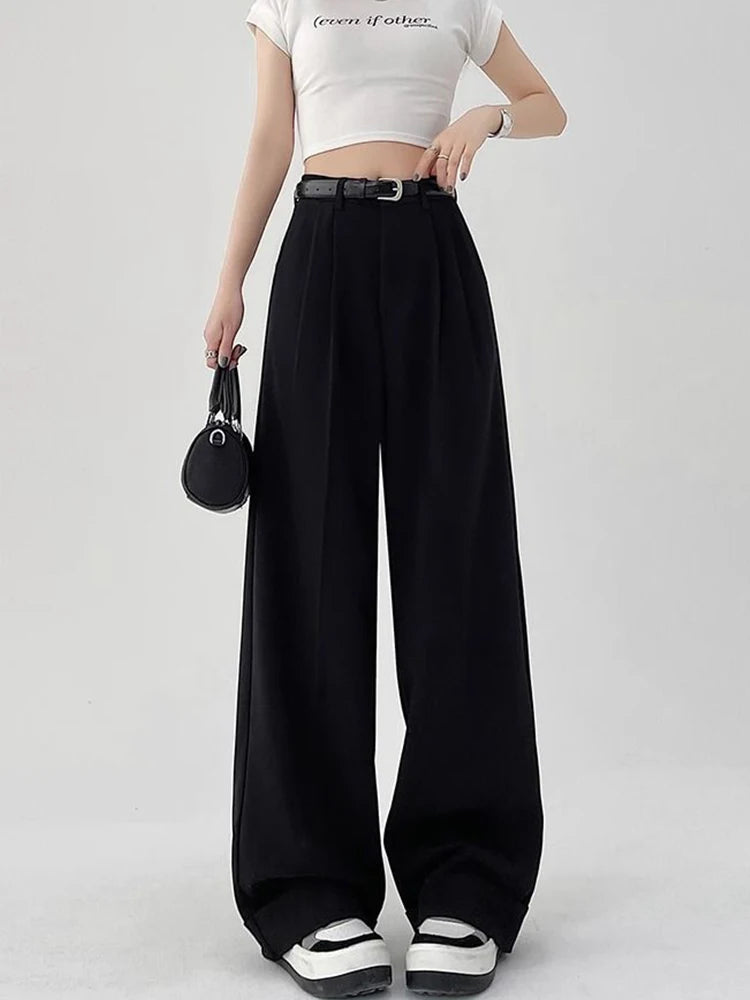 Pantalon de bureau, jambes larges, taille haute, avec ceinture