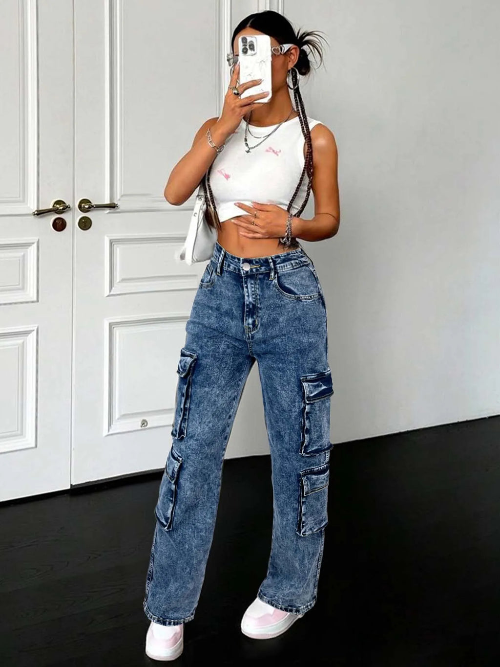 Jean Cargo Taille Haute à Lanières