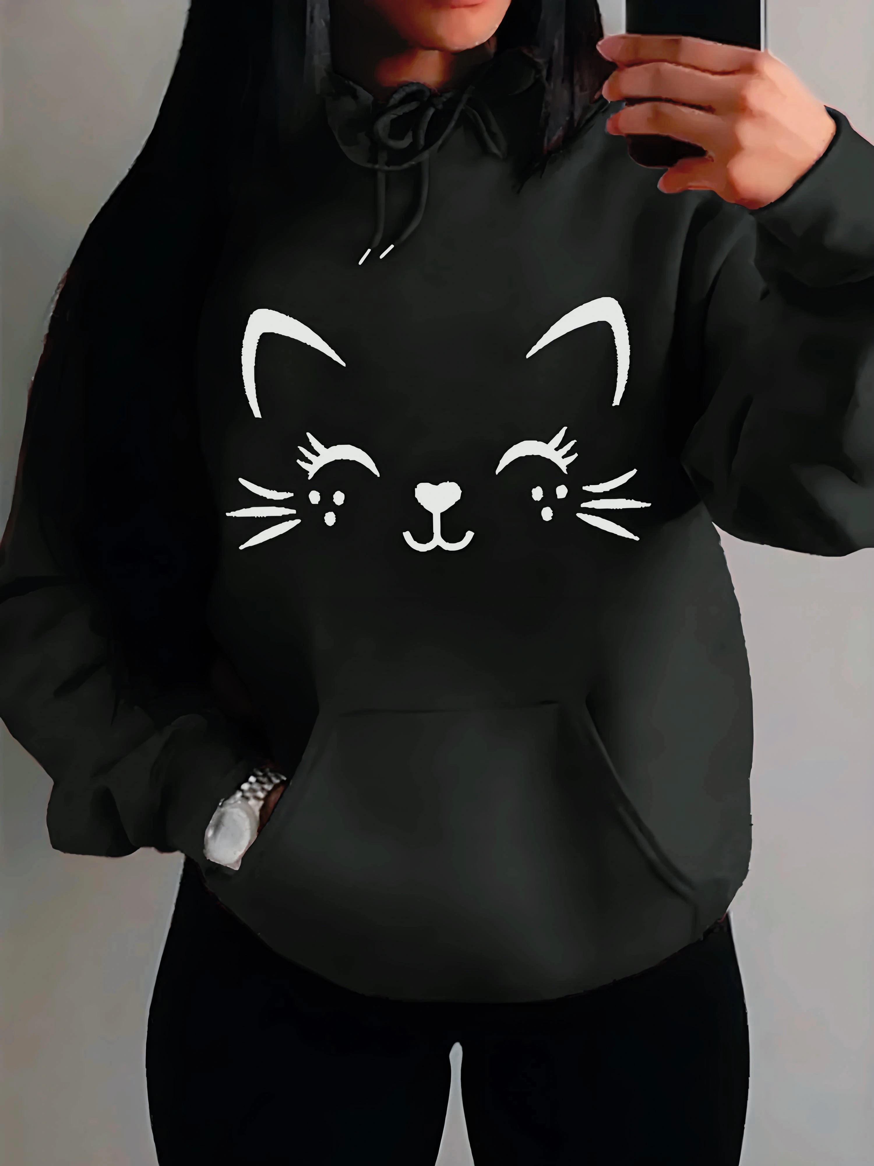 Sweat à capuche en peluche, motif chat heureux