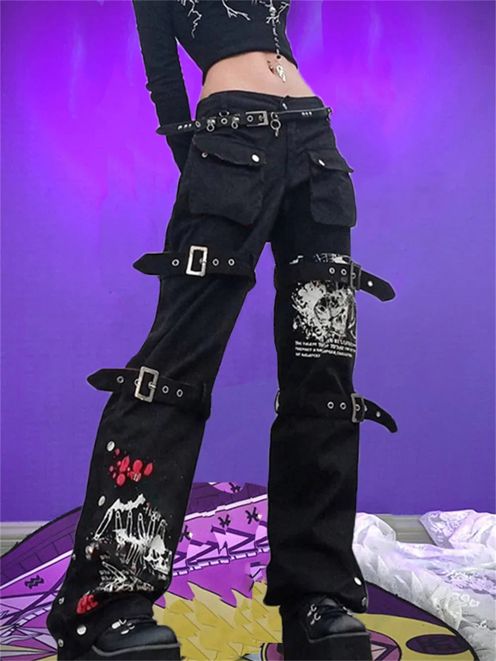 Jean Cargo Cyberpunk Noir & Rouge Volcan