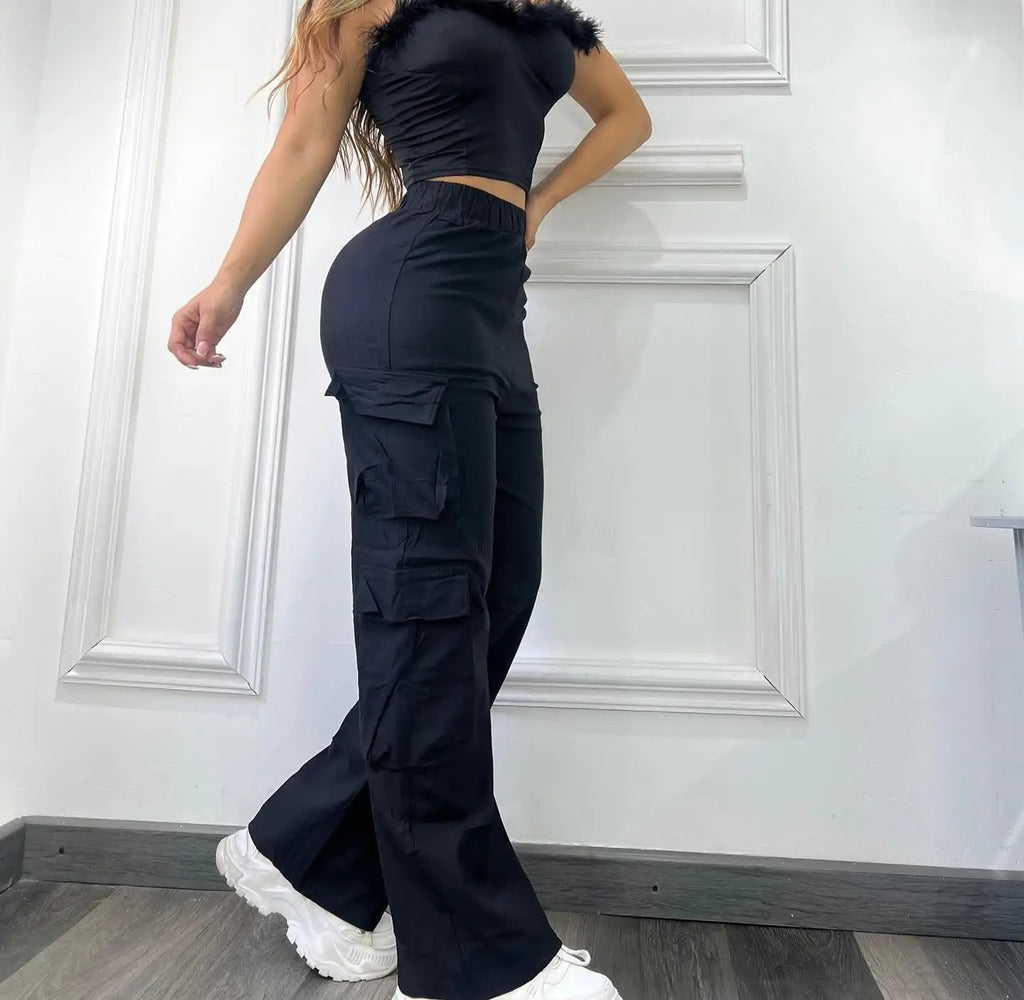 Pantalon décontracté, multipoches, taille haute