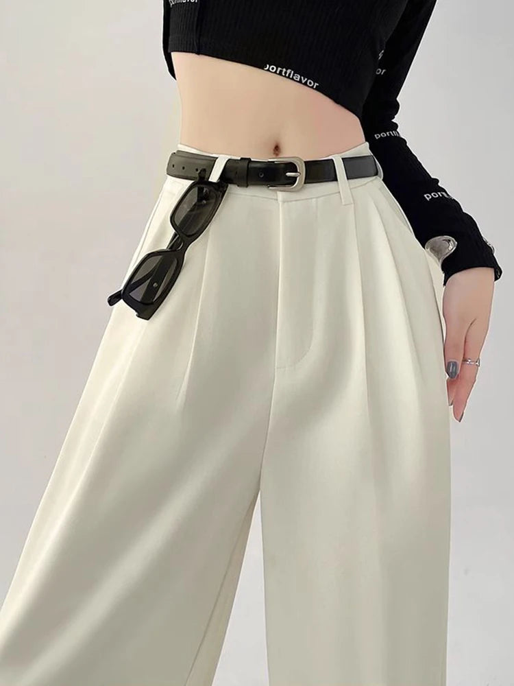 Pantalon de bureau, jambes larges, taille haute, avec ceinture