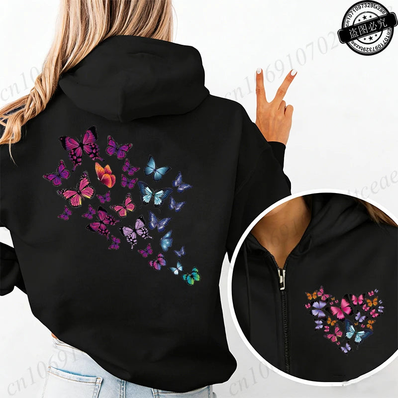 Pull à capuche rose, fermeture éclair ,imprimé papillon et cœur