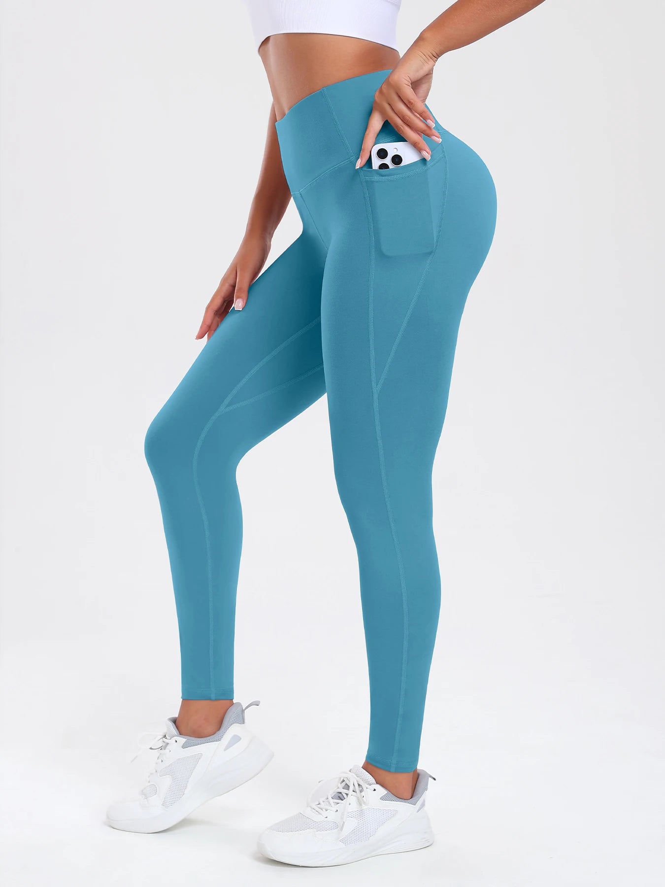 Leggings avec Double poches, couleur unie, taille haute