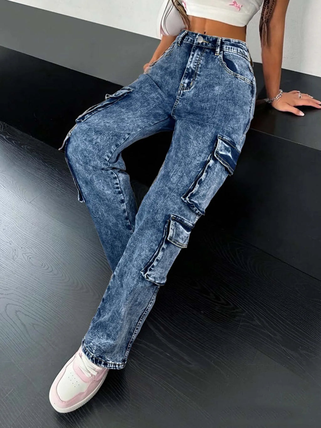 Jean Cargo Taille Haute à Lanières
