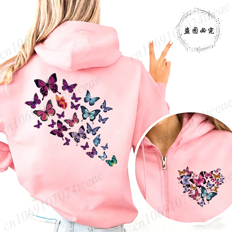 Pull à capuche rose, fermeture éclair ,imprimé papillon et cœur