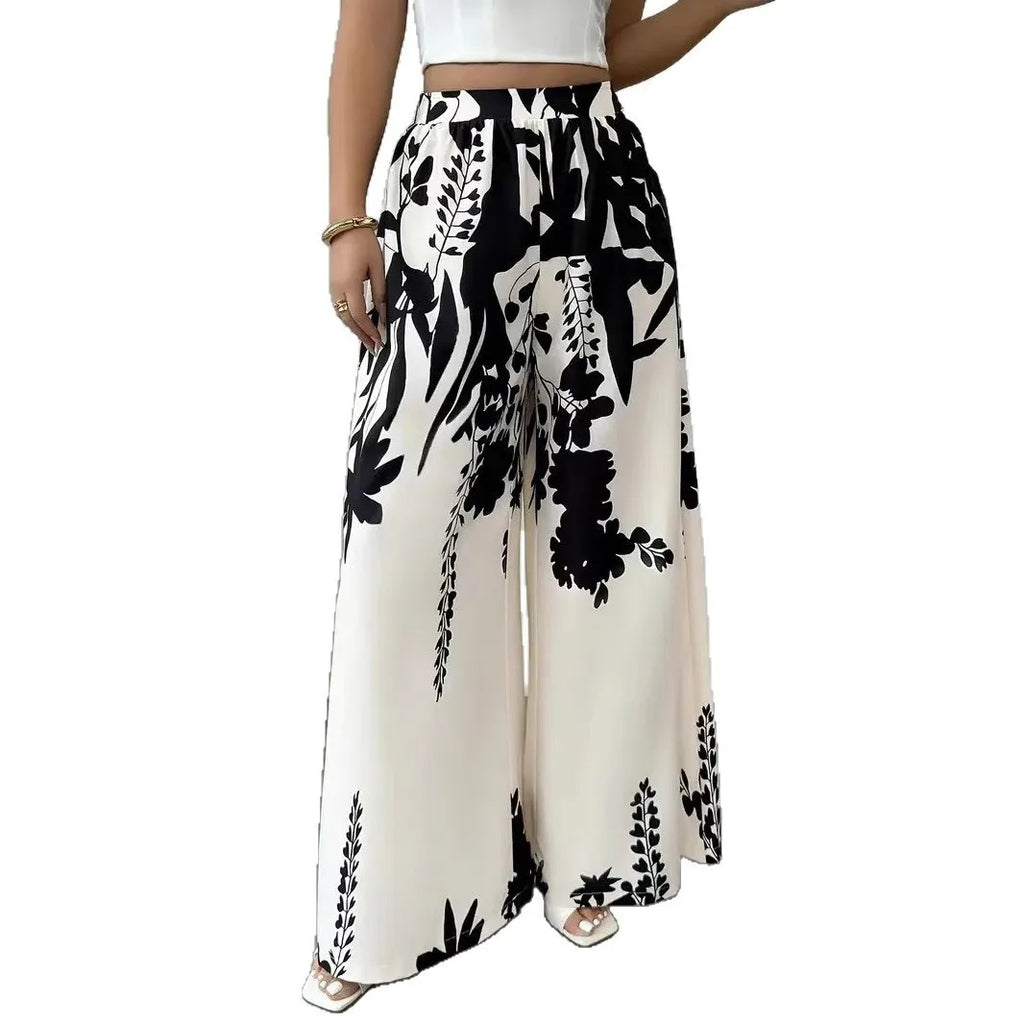 Pantalon évasé à motif floral, coupe ajustée pour les vacances