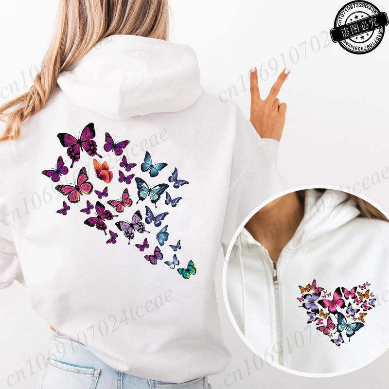 Pull à capuche rose, fermeture éclair ,imprimé papillon et cœur