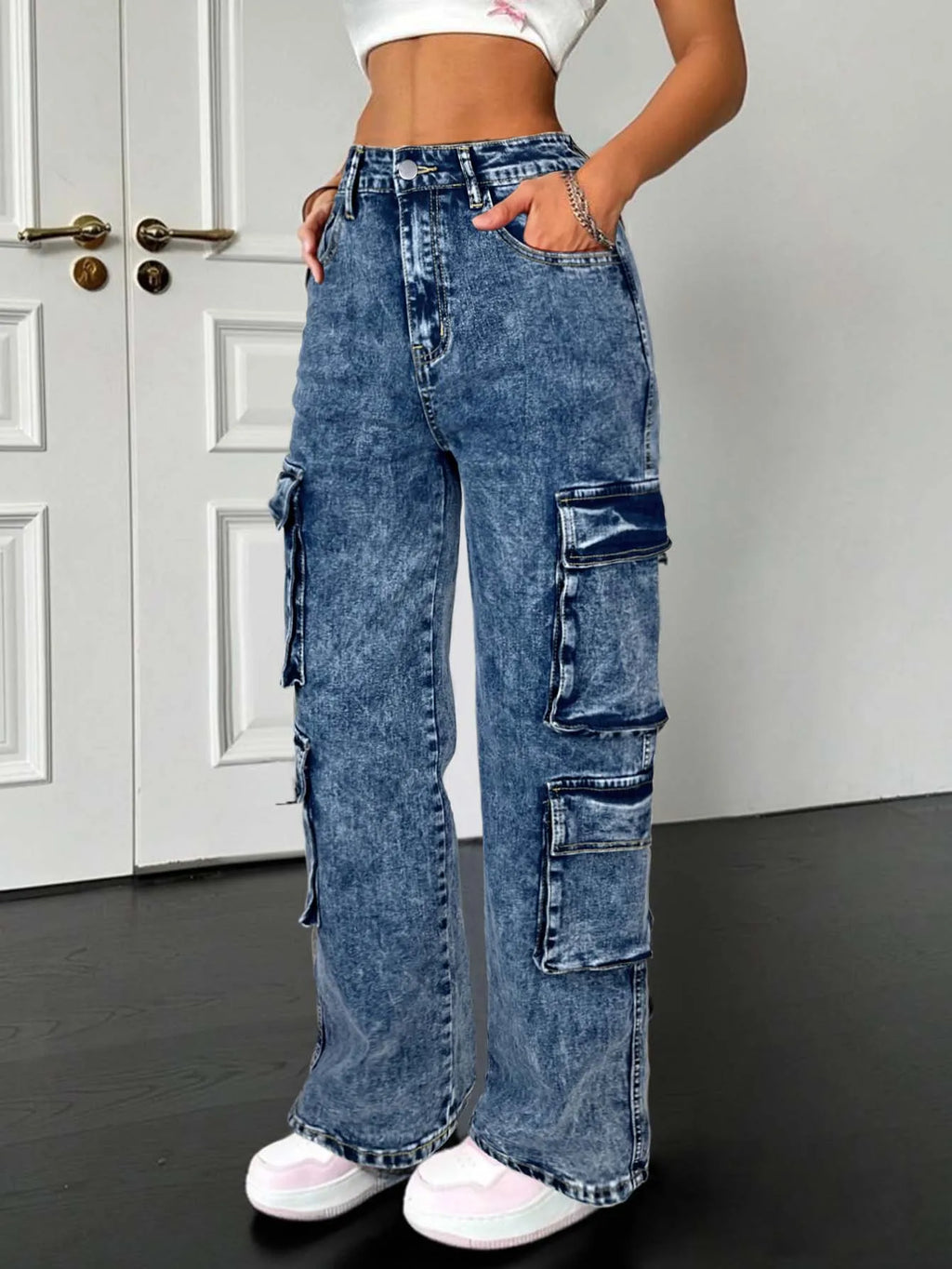 Jean Cargo Taille Haute à Lanières