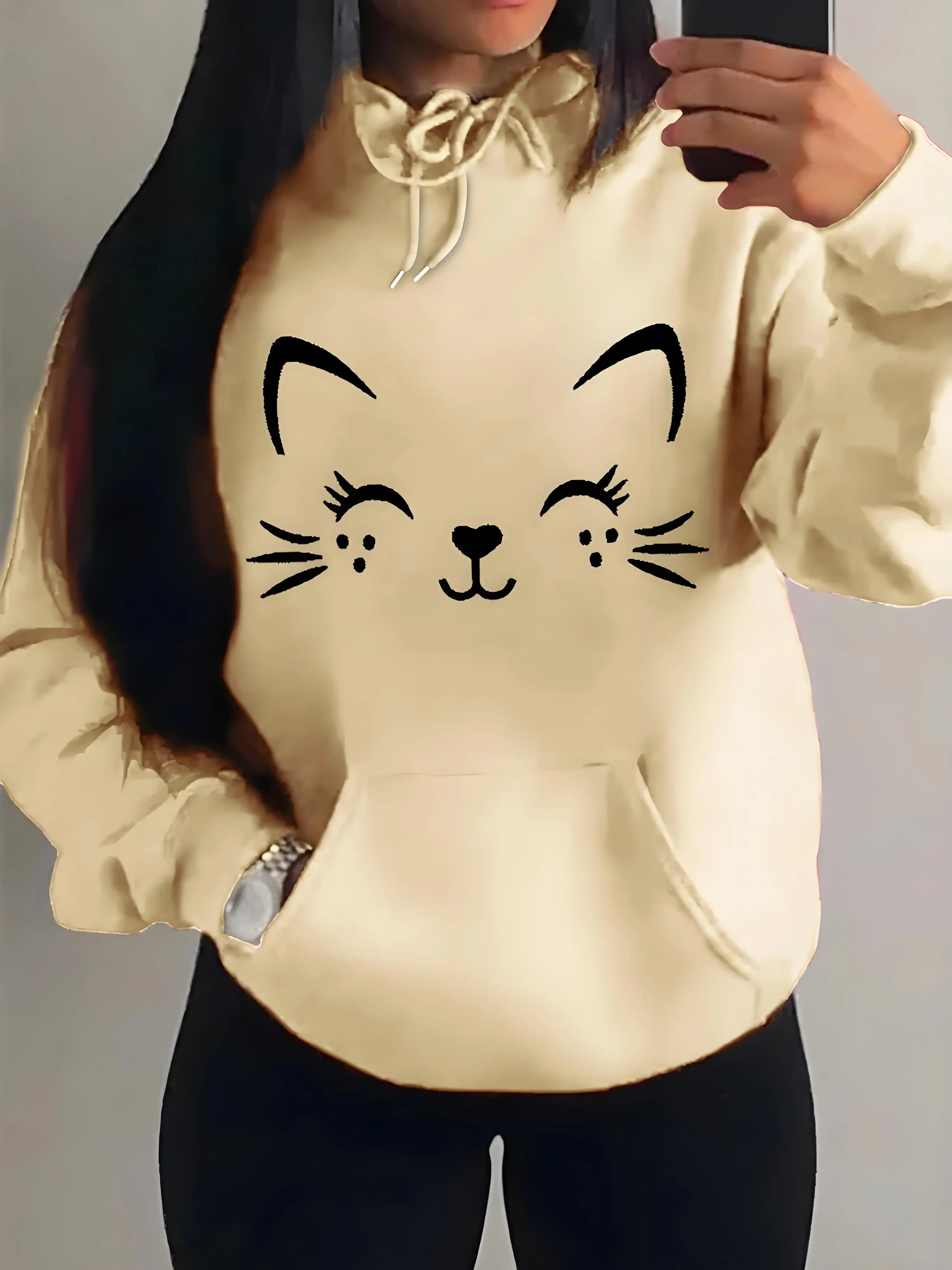 Sweat à capuche en peluche, motif chat heureux