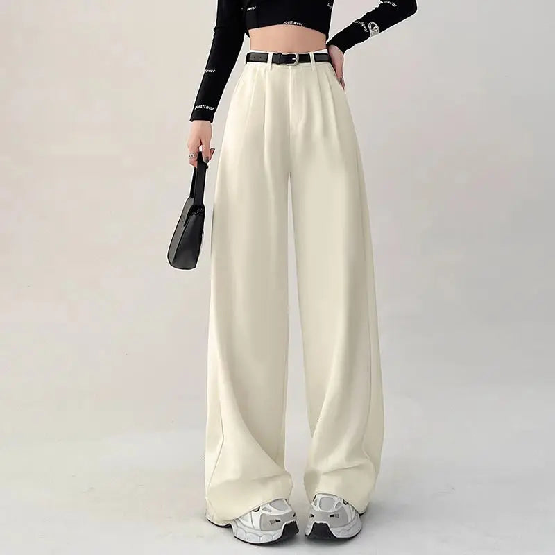 Pantalon de bureau, jambes larges, taille haute, avec ceinture