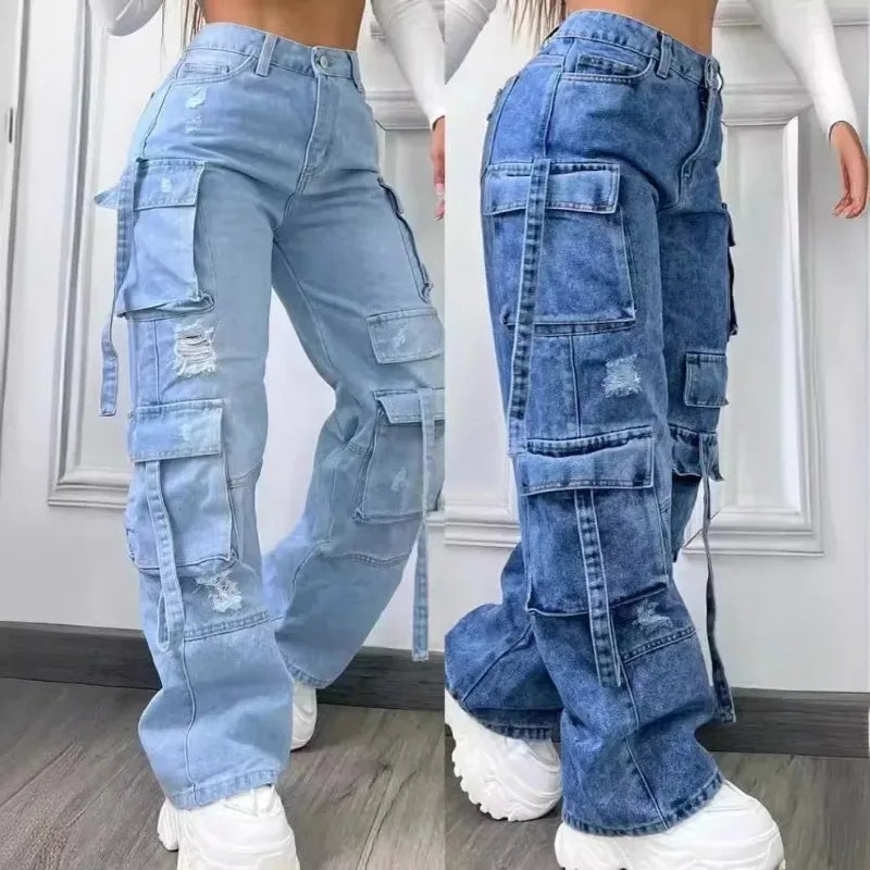 Jean cargo multipoches, taille haute