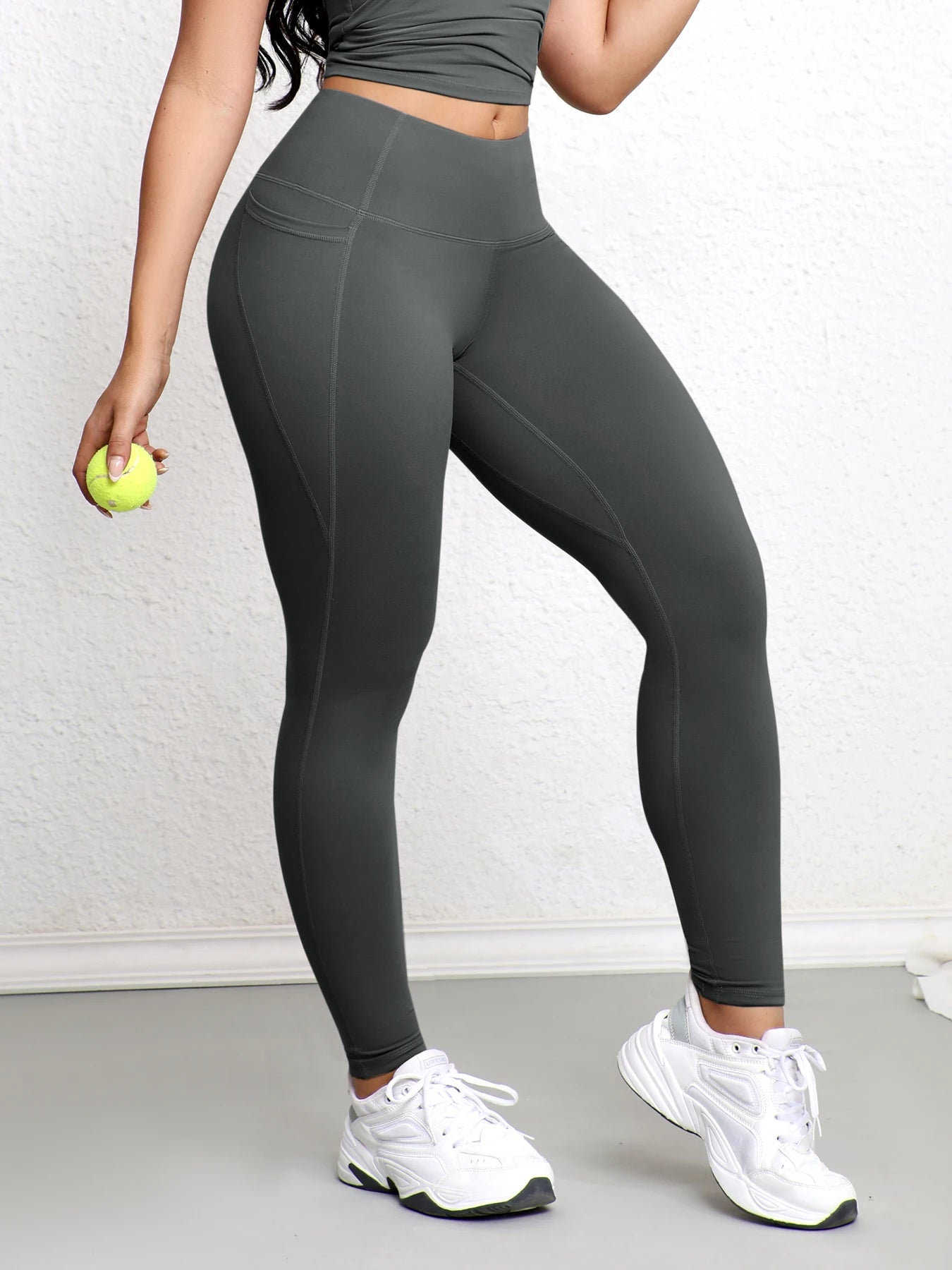 Leggings avec Double poches, couleur unie, taille haute