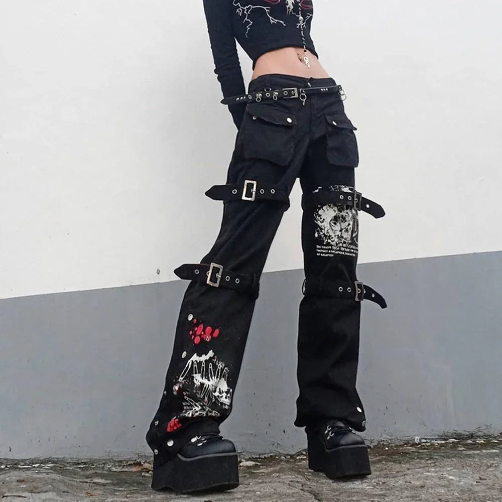 Jean Cargo Cyberpunk Noir & Rouge Volcan