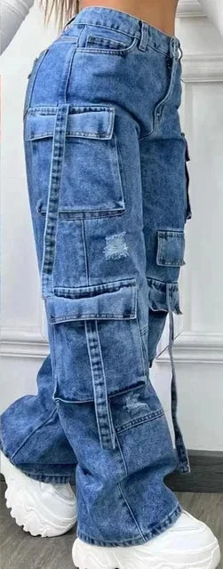Jean cargo multipoches, taille haute