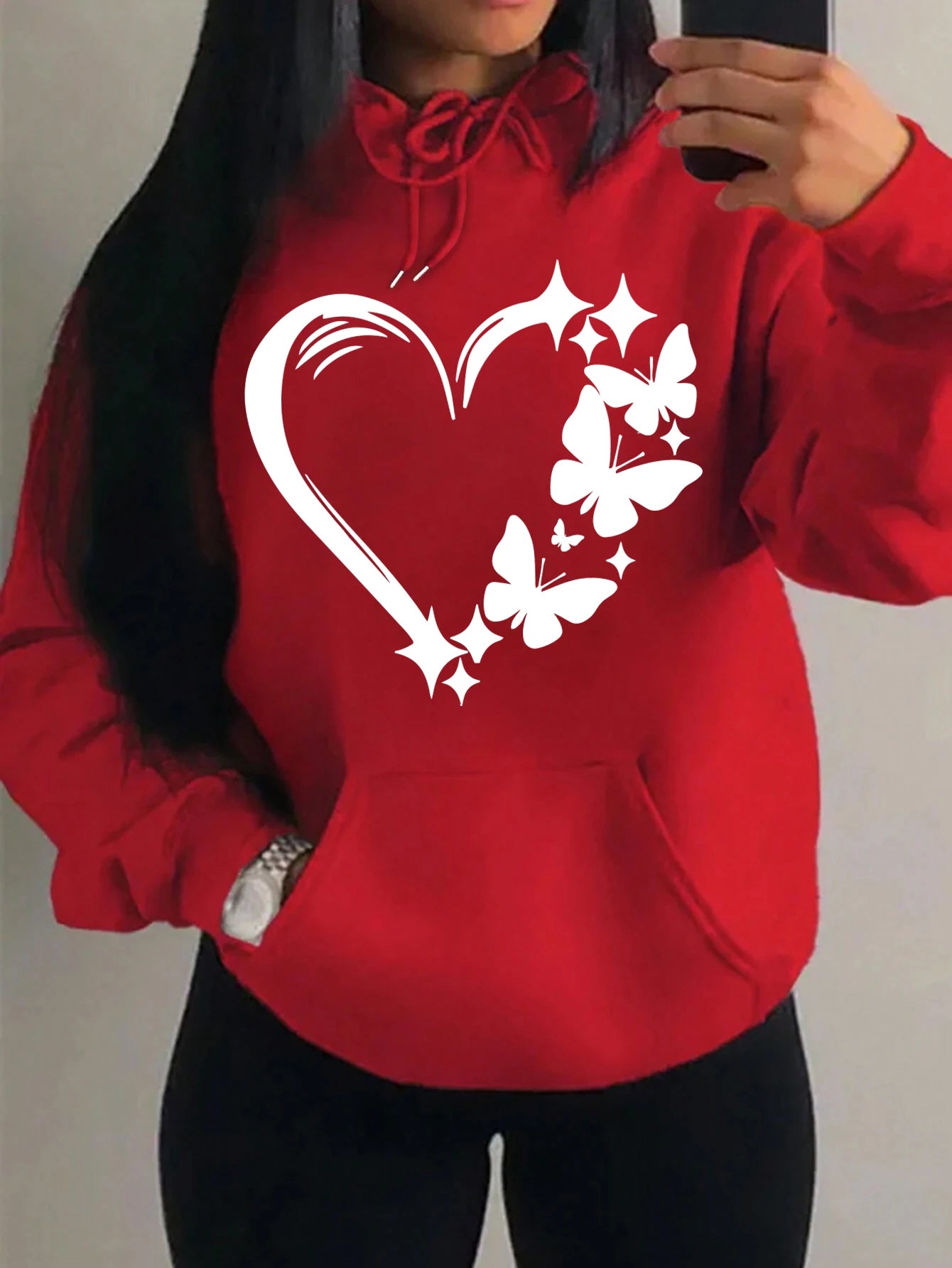 Sweat à capuche imprimé cœur et papillons noirs