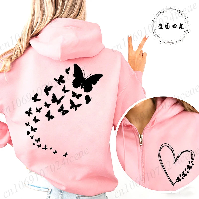 Pull à capuche rose, fermeture éclair ,imprimé papillon et cœur