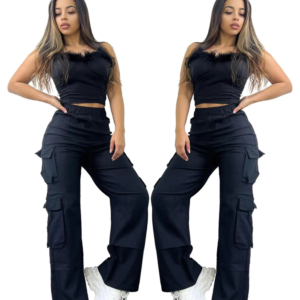 Pantalon décontracté, multipoches, taille haute