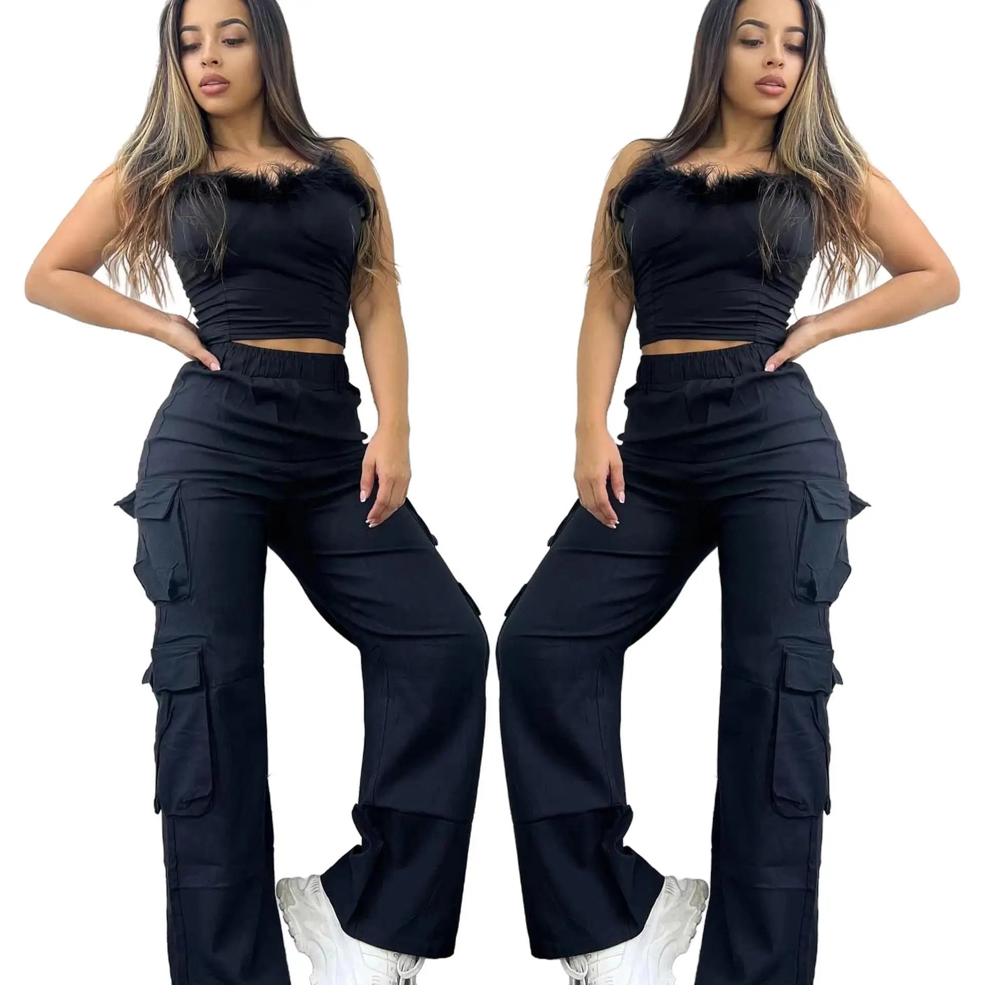 Pantalon décontracté, multipoches, taille haute