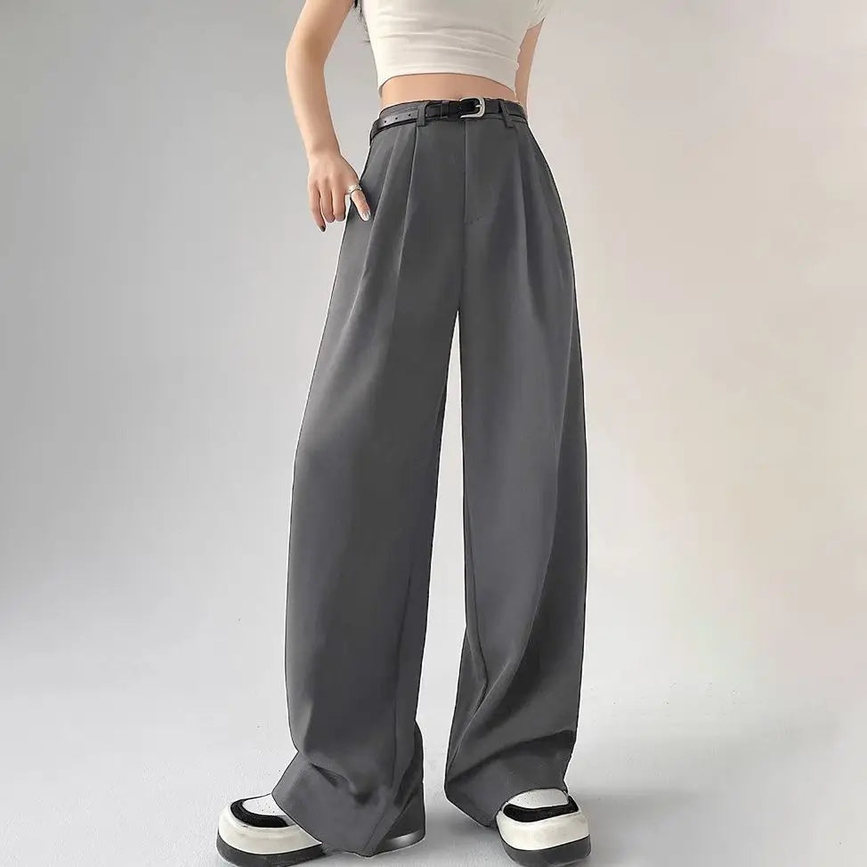 Pantalon de bureau, jambes larges, taille haute, avec ceinture