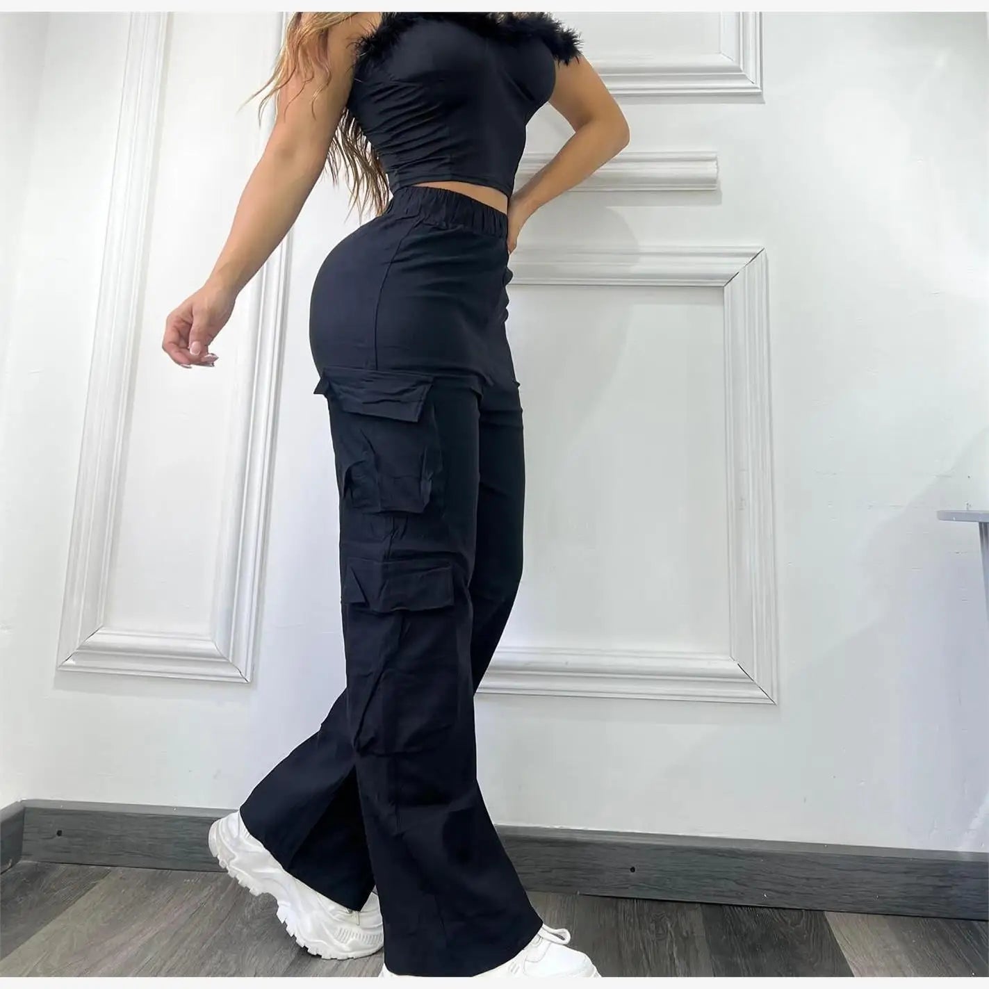 Pantalon décontracté, multipoches, taille haute