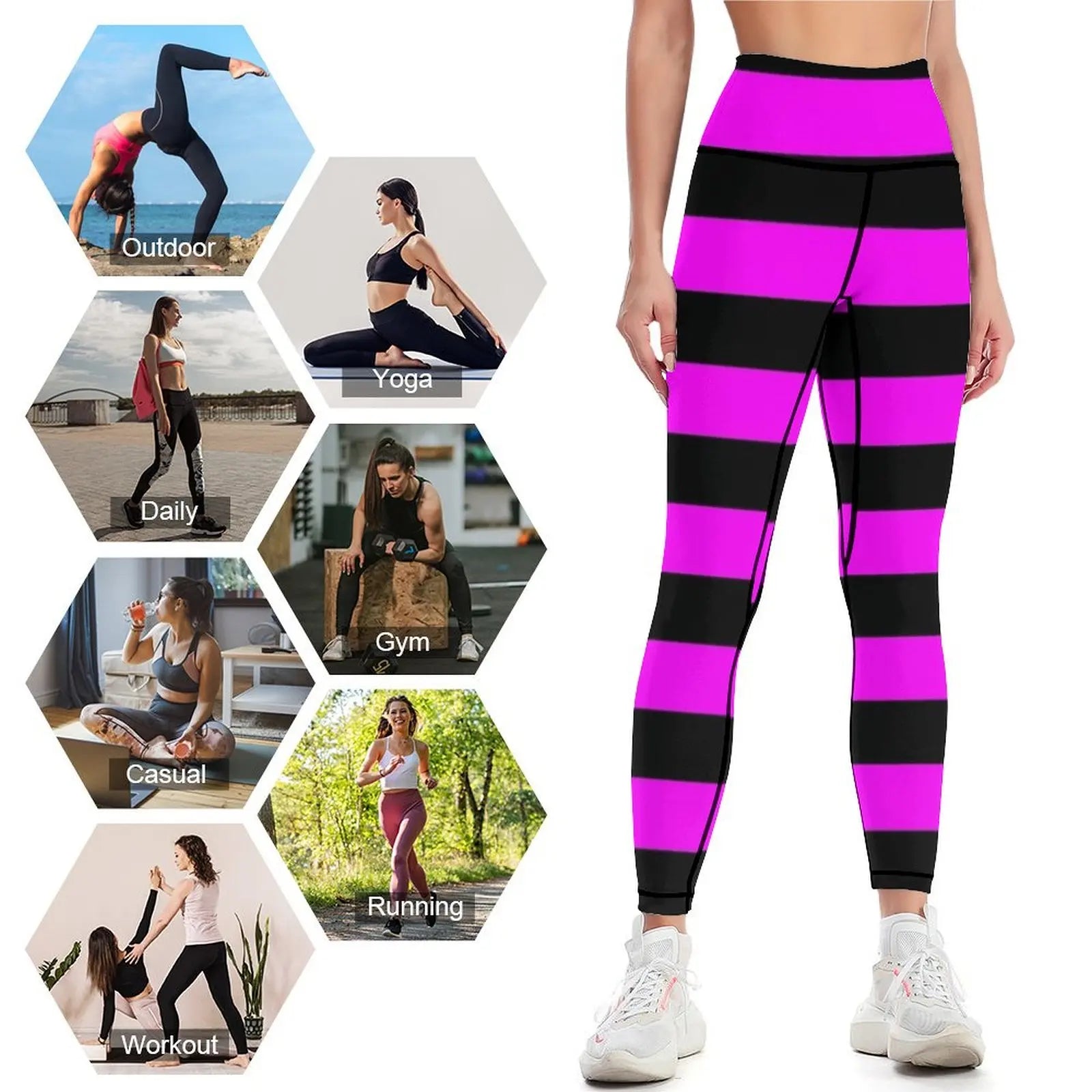 Leggings à rayures noires et rose vif, pantalons de sport