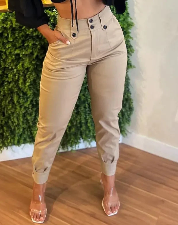 Capris-Pantalon cargo épissé pour femme, poches, monochromatique, taille haute, fermeture éclair, mouche, maigre, décontracté, bouton, crayon, longueur rinçage, 2024