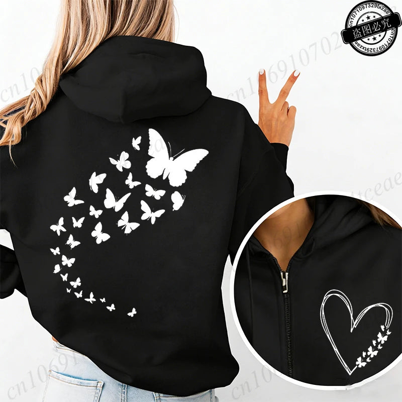 Pull à capuche rose, fermeture éclair ,imprimé papillon et cœur