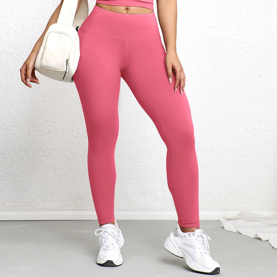 Leggings avec Double poches, couleur unie, taille haute