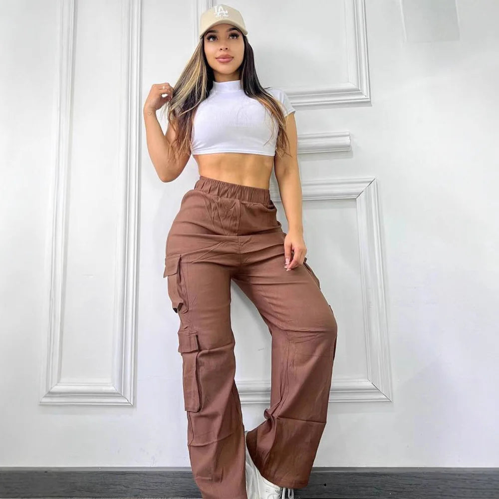 Pantalon décontracté, multipoches, taille haute