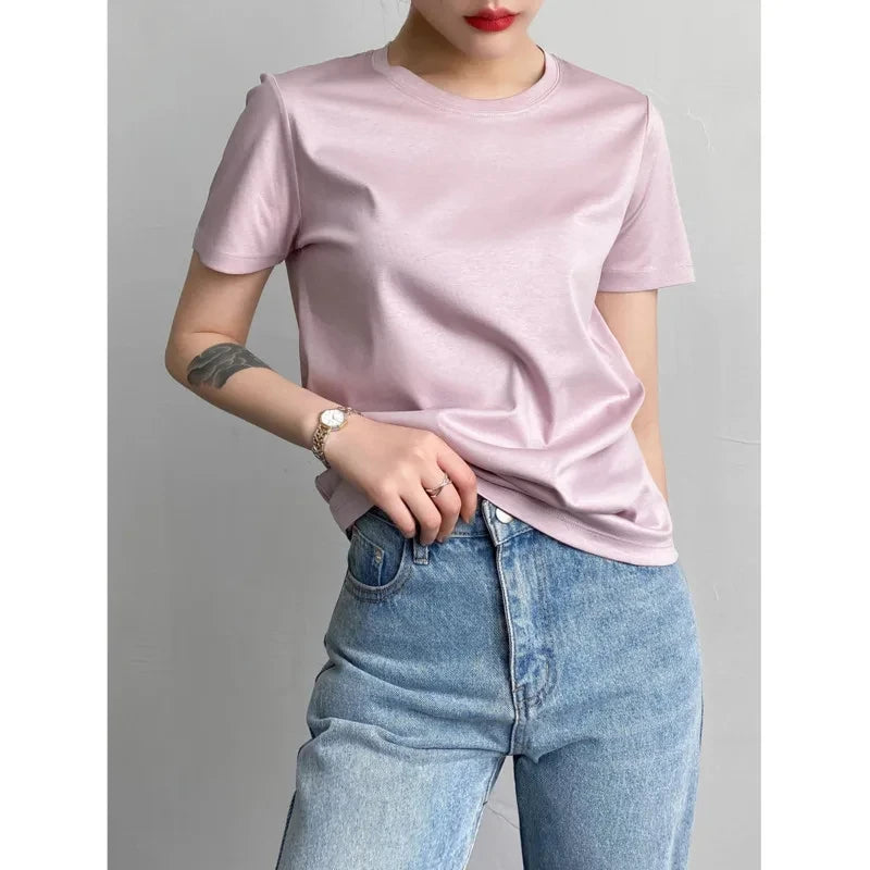 Hauts pour femme à col rond, couleur unie, manches courtes, style été