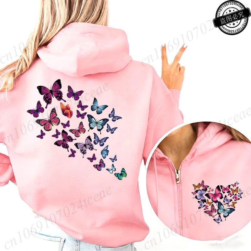 Pull à capuche rose, fermeture éclair ,imprimé papillon et cœur