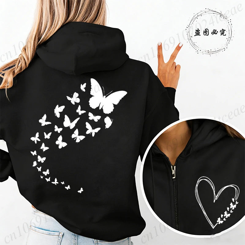 Pull à capuche rose, fermeture éclair ,imprimé papillon et cœur