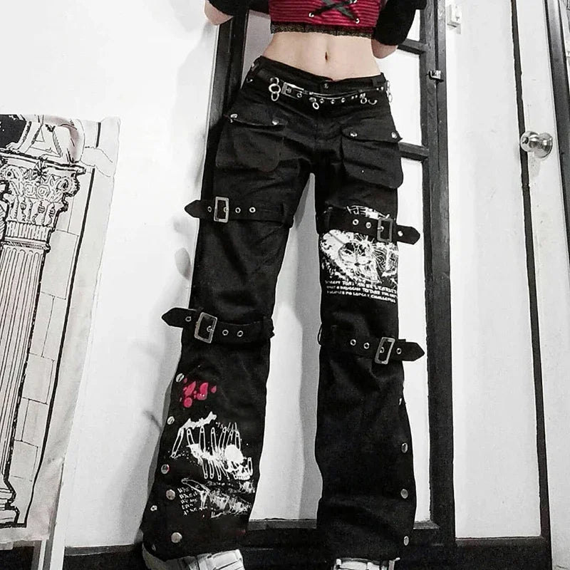 Jean Cargo Cyberpunk Noir & Rouge Volcan