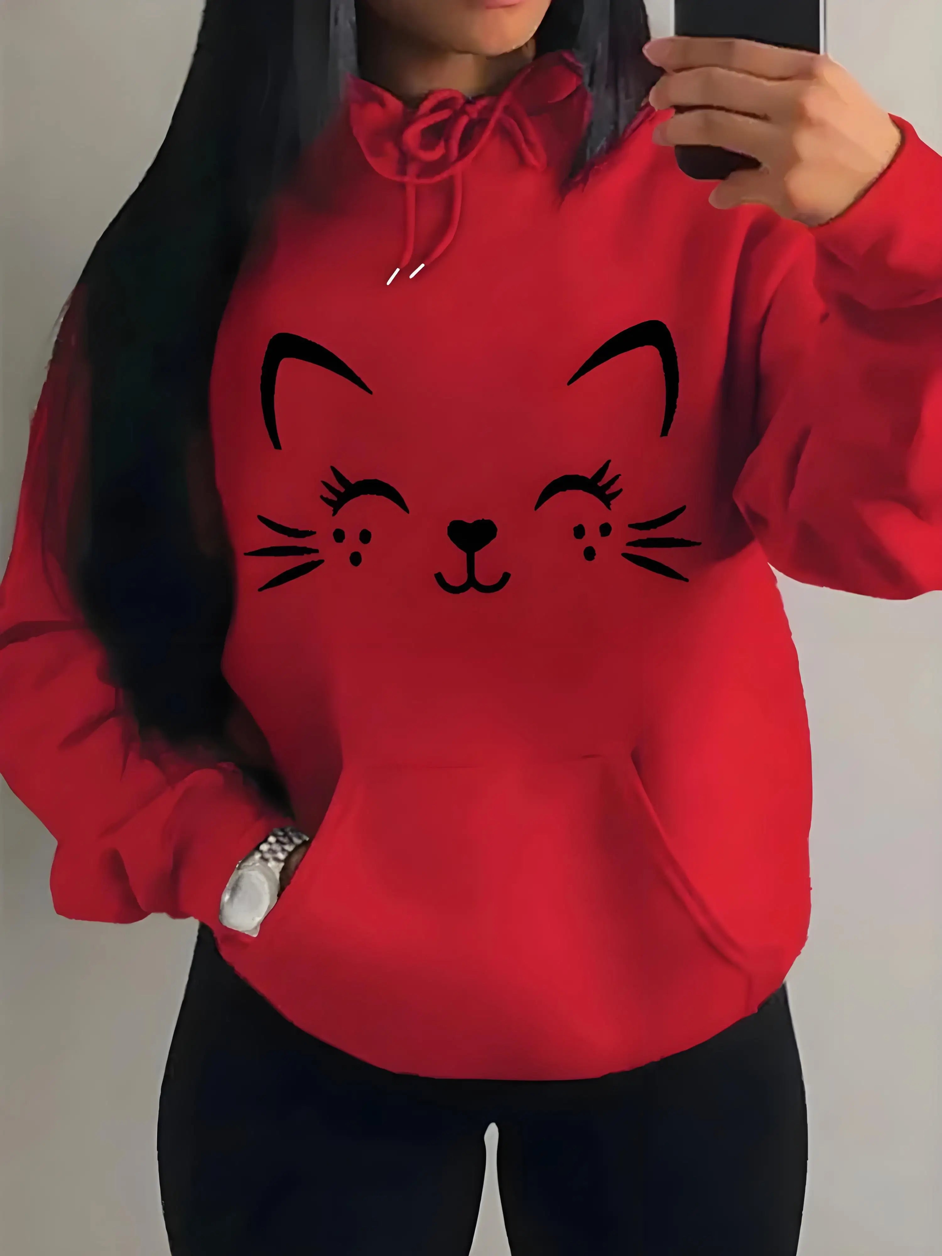 Sweat à capuche en peluche, motif chat heureux