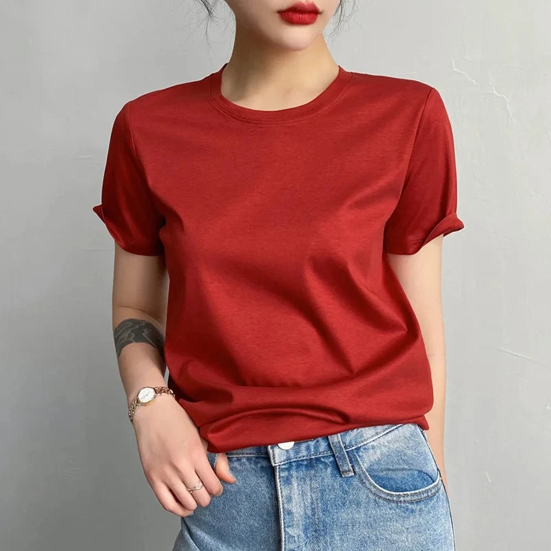 Hauts pour femme à col rond, couleur unie, manches courtes, style été