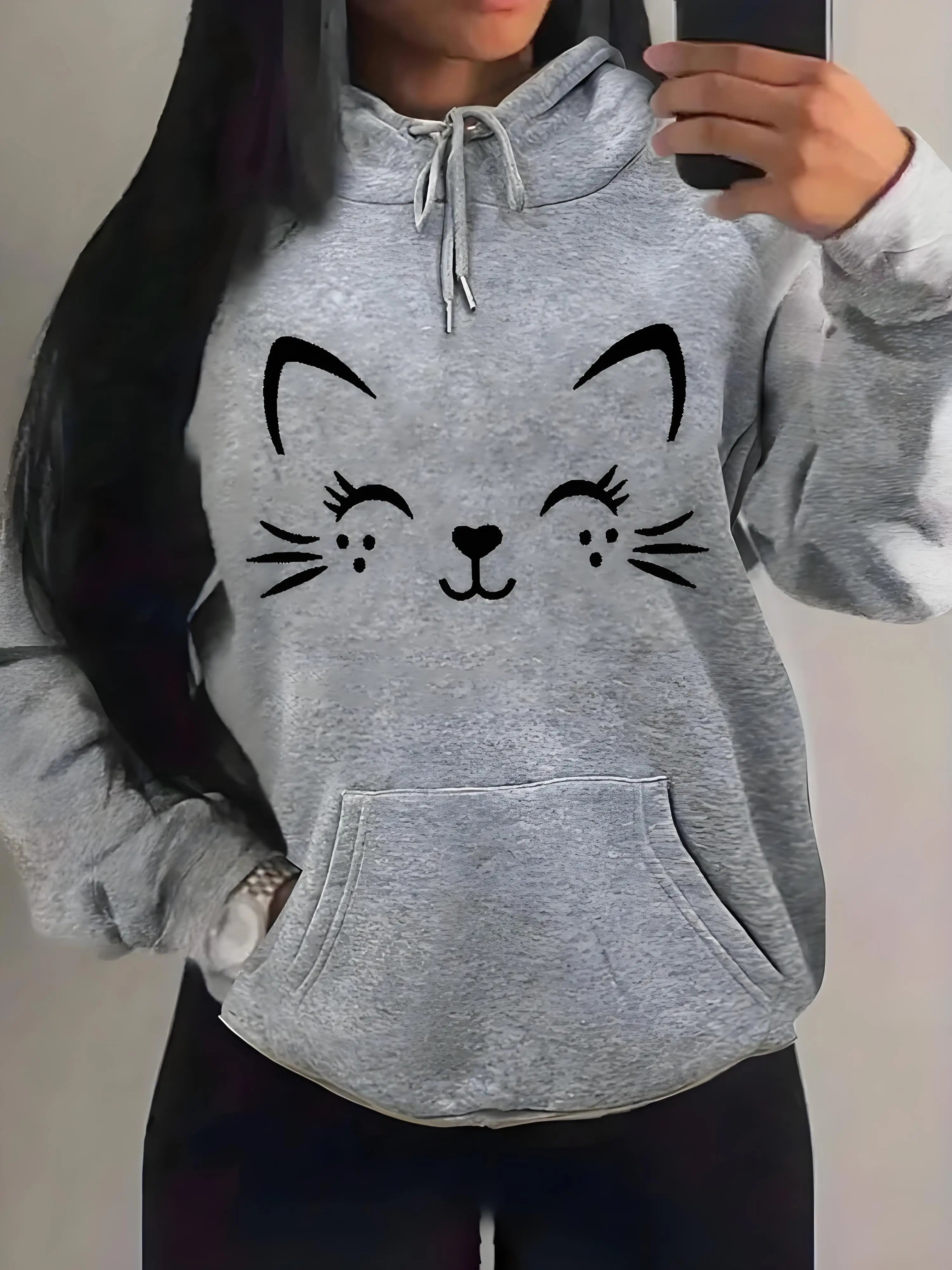 Sweat à capuche en peluche, motif chat heureux