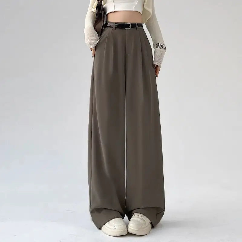 Pantalon de bureau, jambes larges, taille haute, avec ceinture