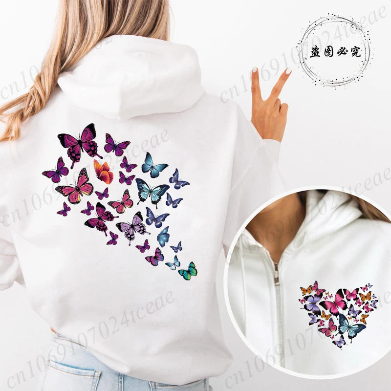 Pull à capuche rose, fermeture éclair ,imprimé papillon et cœur