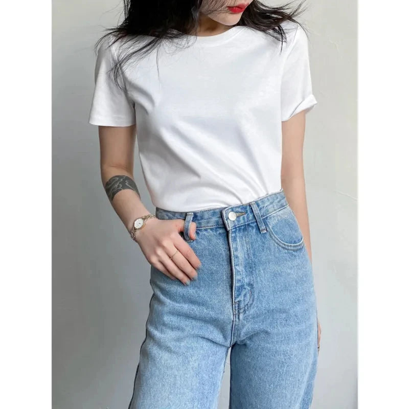 Hauts pour femme à col rond, couleur unie, manches courtes, style été