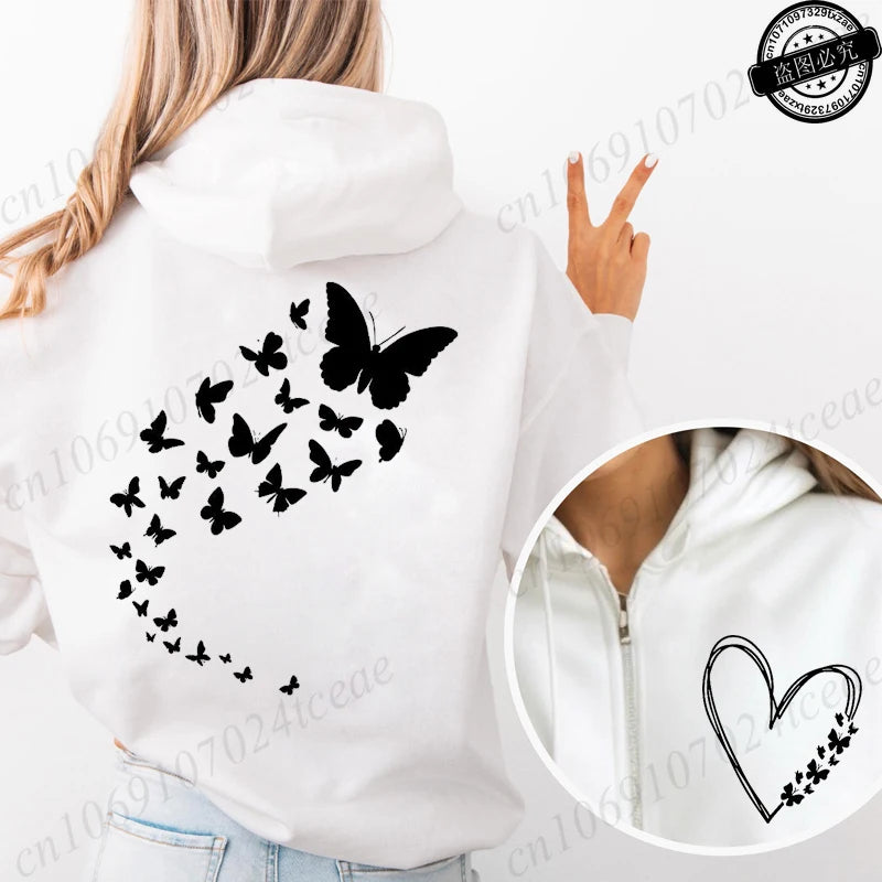 Pull à capuche rose, fermeture éclair ,imprimé papillon et cœur