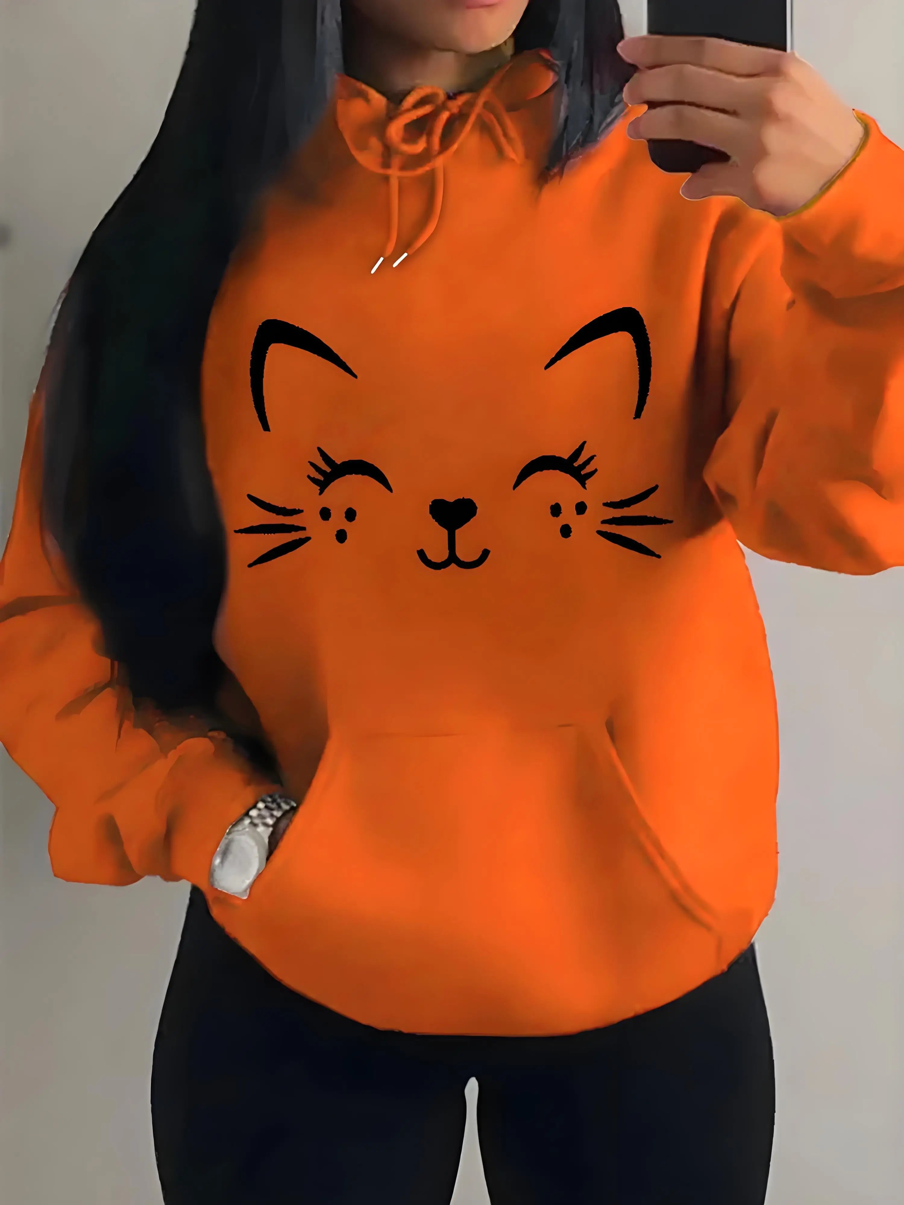 Sweat à capuche en peluche, motif chat heureux